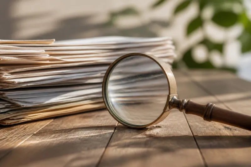 Illustration of a magnifying glass beside paper files, representing a website investigation.